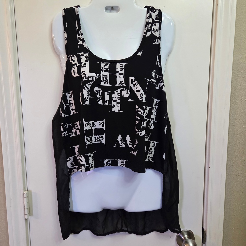 Body Central Black White Alphabet Print High-Low Sheer Back Tank Top Large